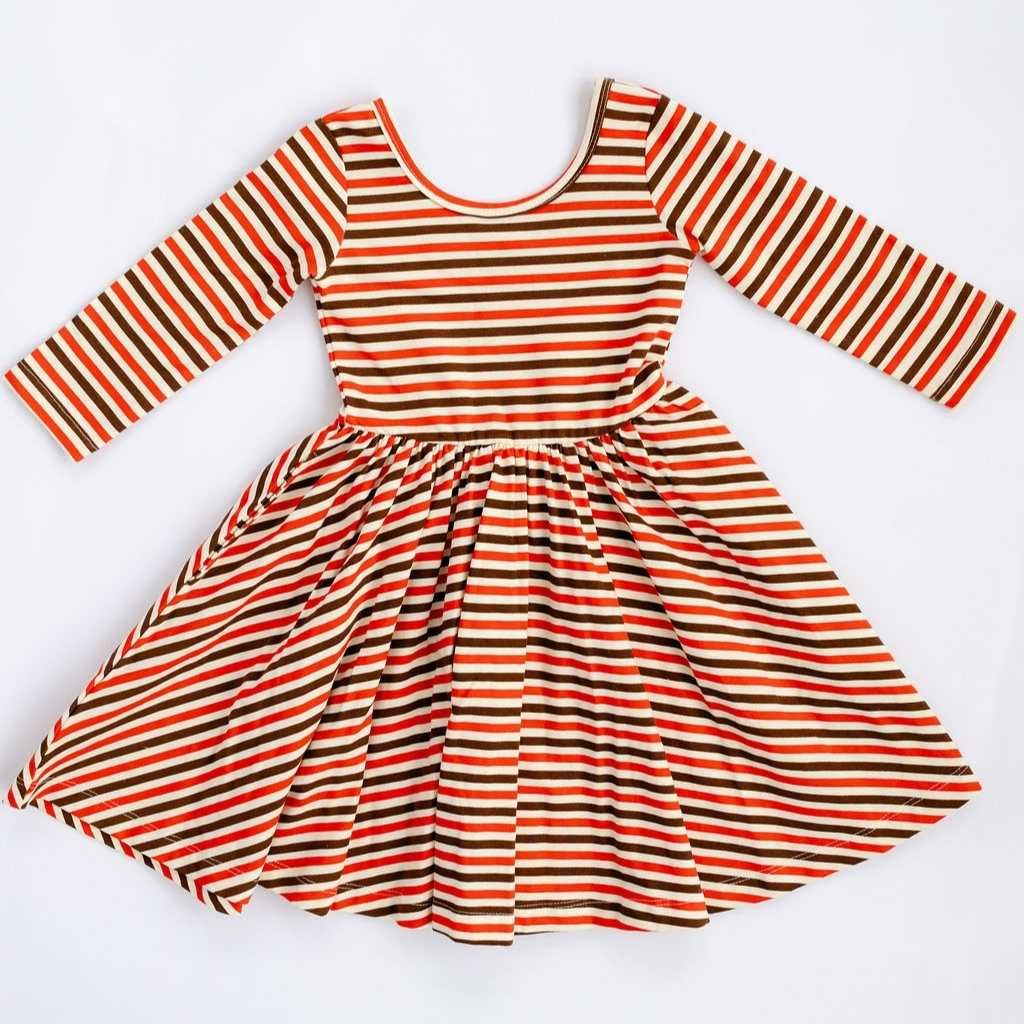 3/4 Sleeve Twirl Dress (Brick & Brown Stripes)