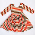 3/4 Sleeve Twirl Dress (Brick & Brown Stripes)
