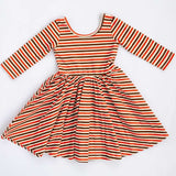 3/4 Sleeve Twirl Dress (Brick & Brown Stripes)