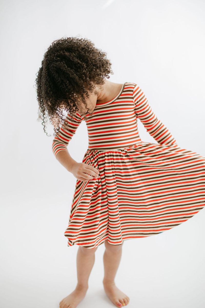 3/4 Sleeve Twirl Dress (Brick & Brown Stripes)