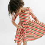 3/4 Sleeve Twirl Dress (Brick & Brown Stripes)