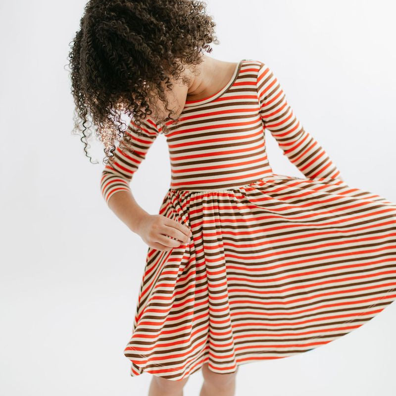 3/4 Sleeve Twirl Dress (Brick & Brown Stripes)
