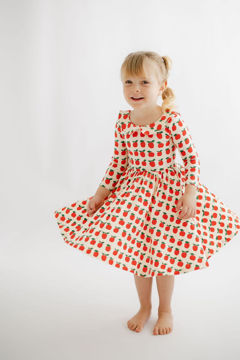 3/4 Sleeve Twirl Dress (Red Apples Collared)