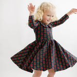 3/4 Sleeve Twirl Dress (Navy Floral Collared)