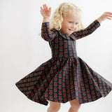 3/4 Sleeve Twirl Dress (Navy Floral Collared)