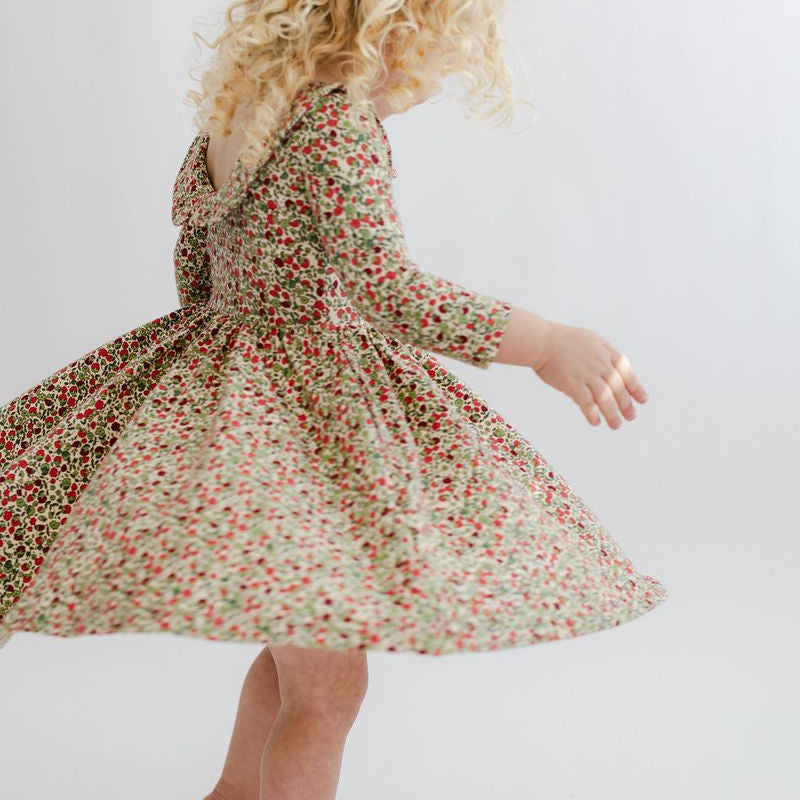 3/4 Sleeve Twirl Dress (Crimson Flora Collared)