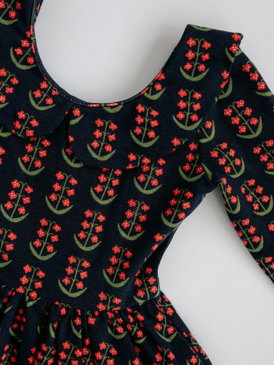3/4 Sleeve Twirl Dress (Navy Floral Collared)