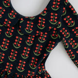 3/4 Sleeve Twirl Dress (Navy Floral Collared)