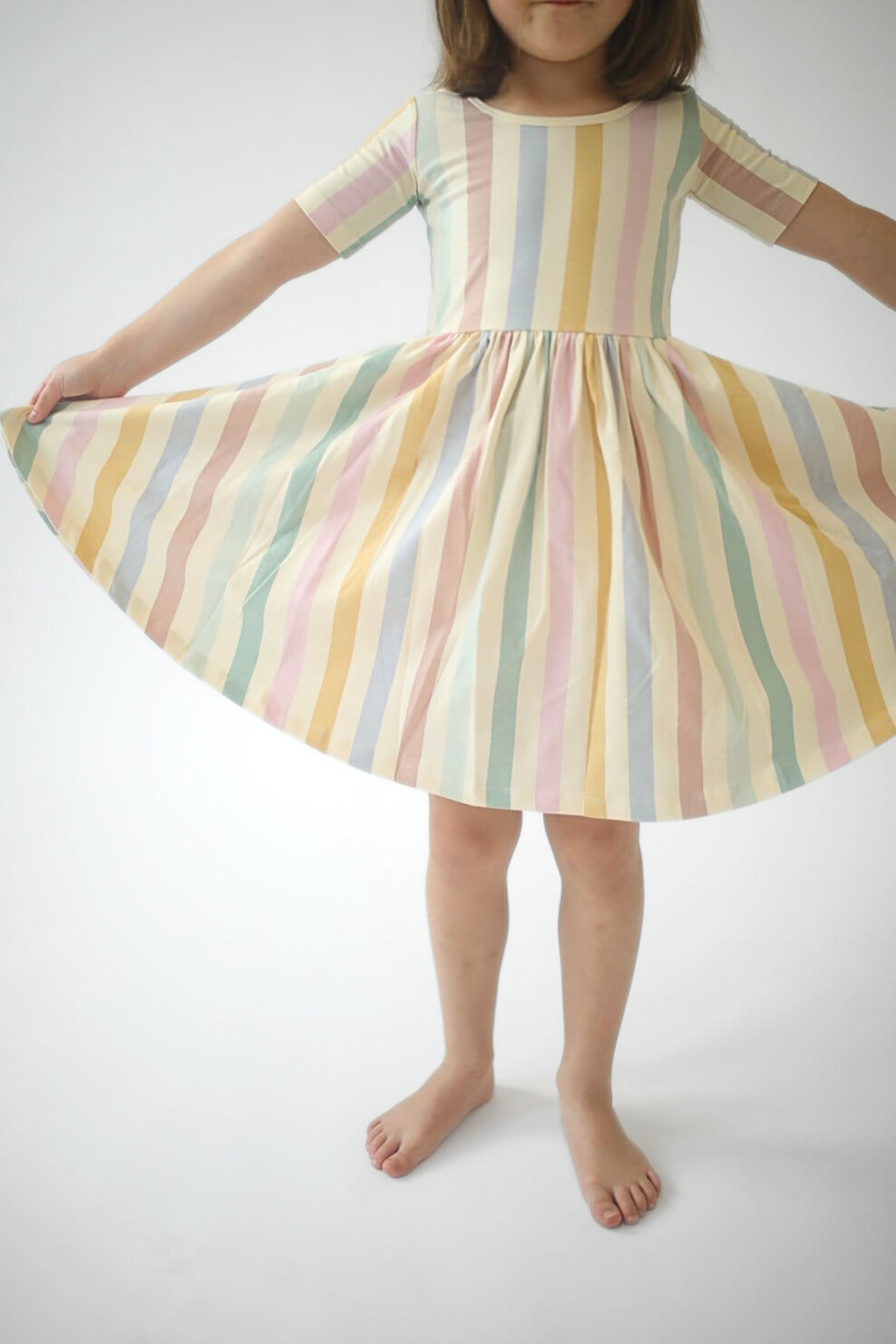 Short Sleeve Twirl Dress (Pastel Stripes)