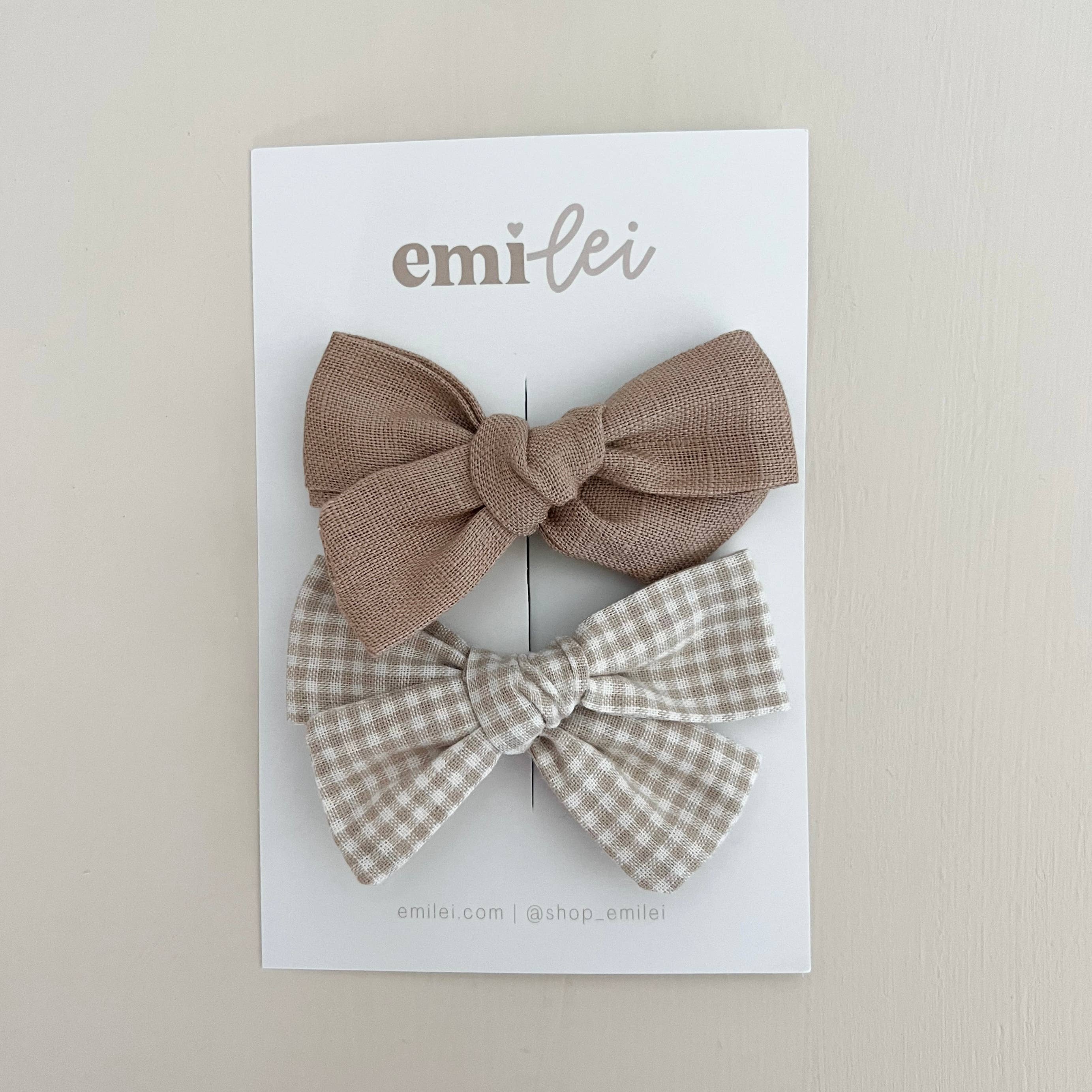Alligator Clip Bow Set (Taupe Linen/Mini Check)