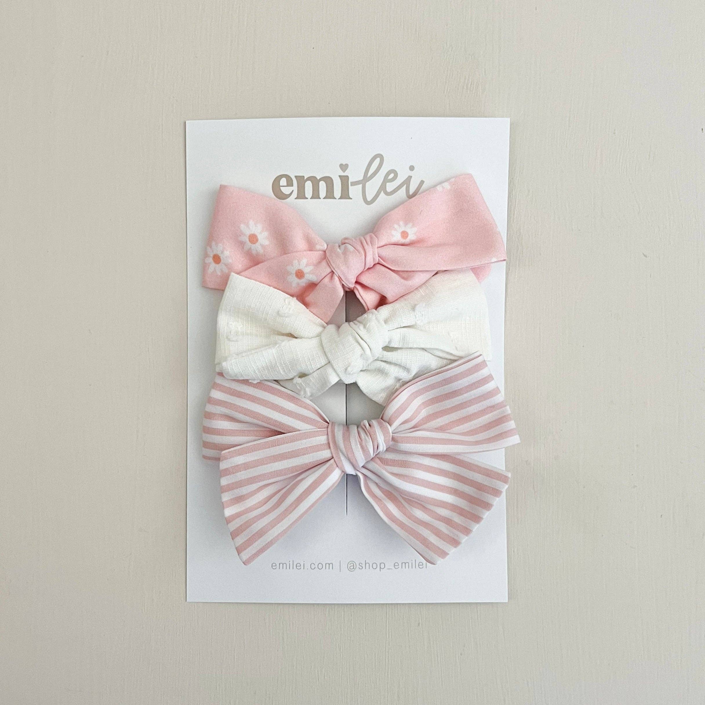 Set of 3 Bow Headbands & Clips (Pink Daisy & Stripe)
