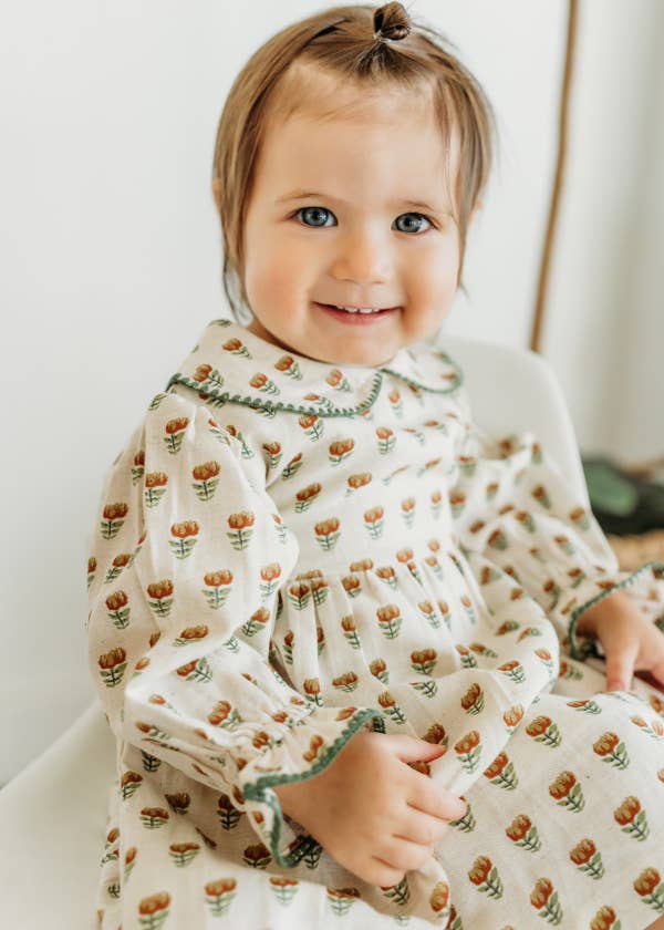 Ina Block Print Floral Linen Baby Dress & Bloomer Set (Mustard Floral)
