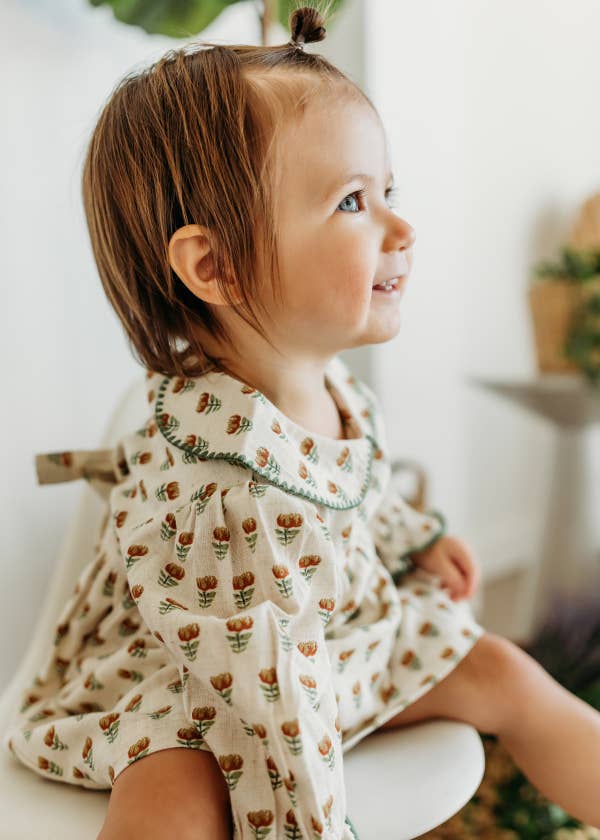 Ina Block Print Floral Linen Baby Dress & Bloomer Set (Mustard Floral)