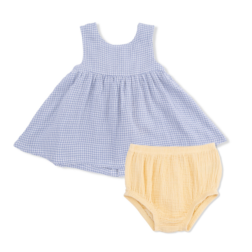 Infant Dress with Bow and Bloomer (Micro Gingham Blue Blizzard)