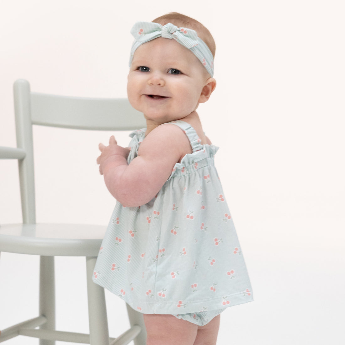 Top with Bows and Ruffle Leg Bloomer (Tiny Cherry Stripe)