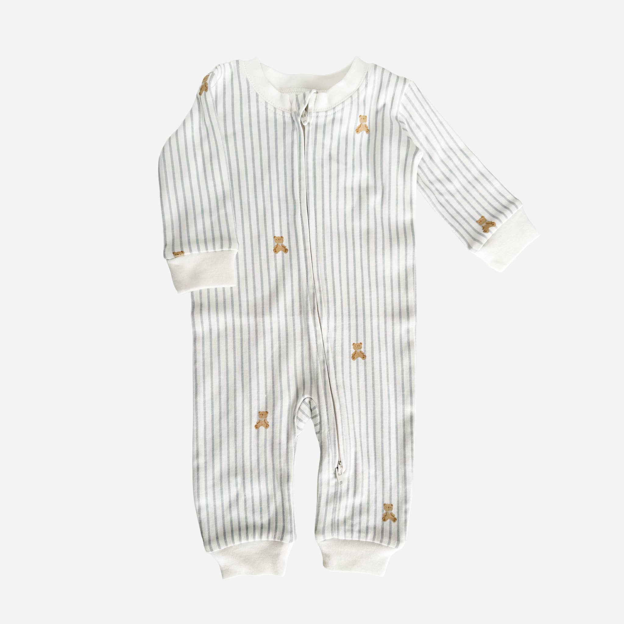 Layette Long Sleeve Zipper Romper (Teddy Bear Stripe)