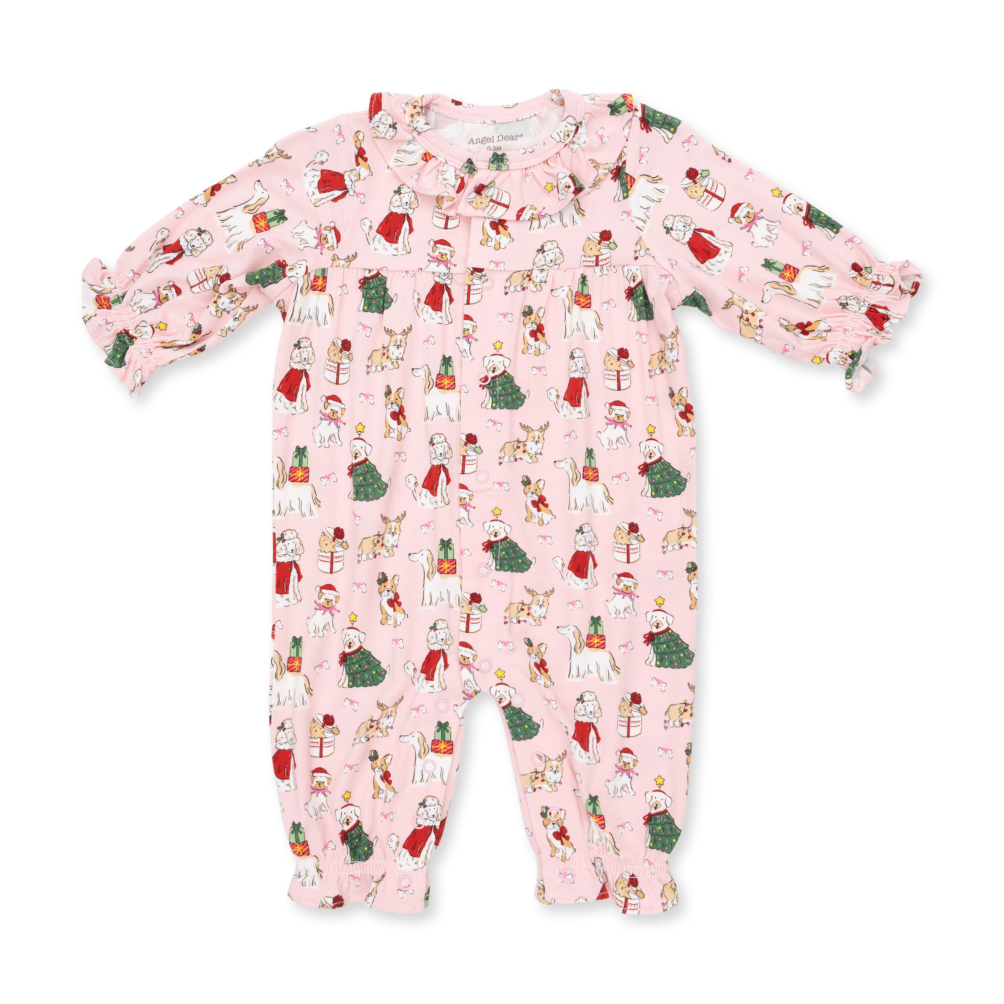 Ruffle Collar Romper (Christmas Dogs Pink)