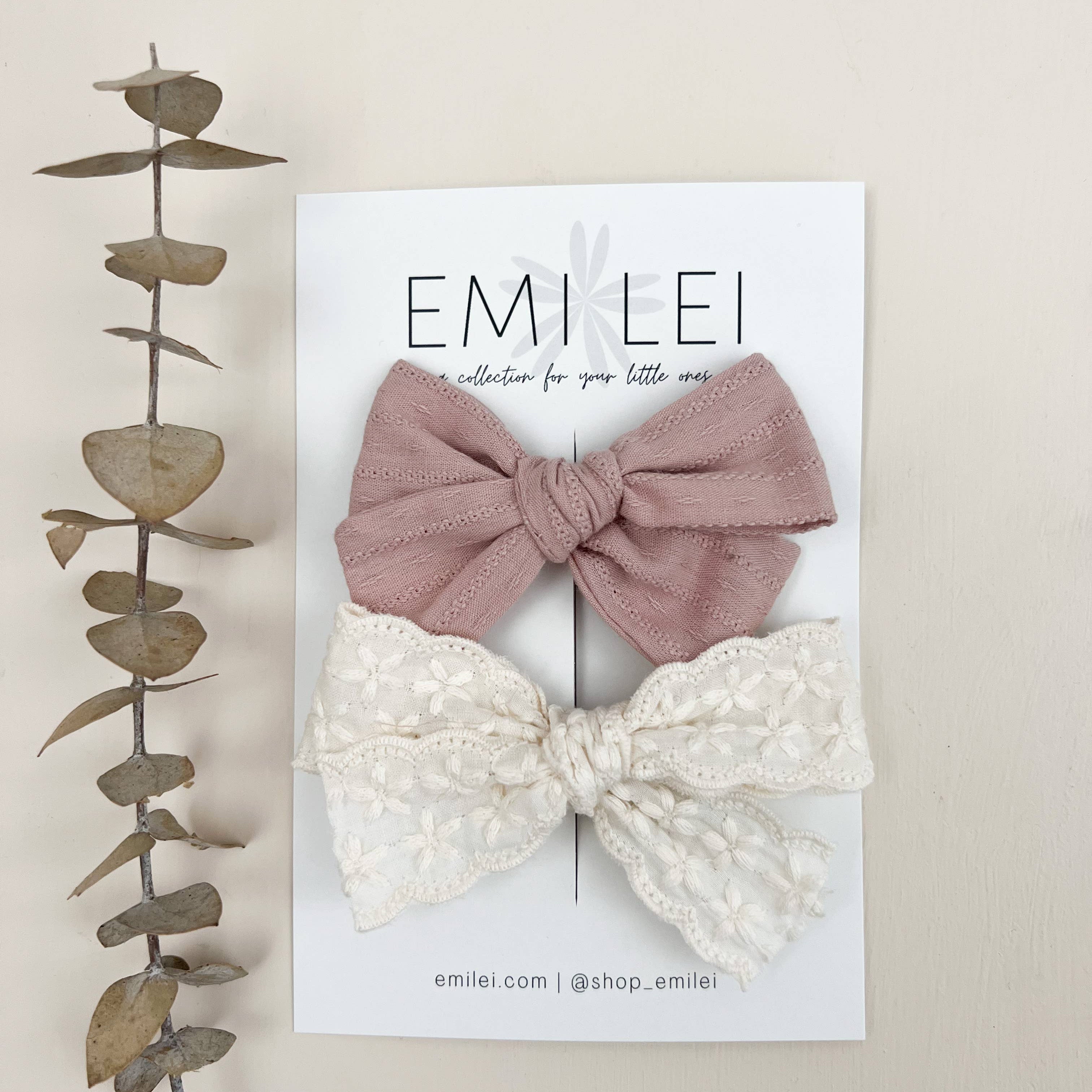 Alligator Clip Bow Set (2 Pack in Textured Mauve & Linen Lace)