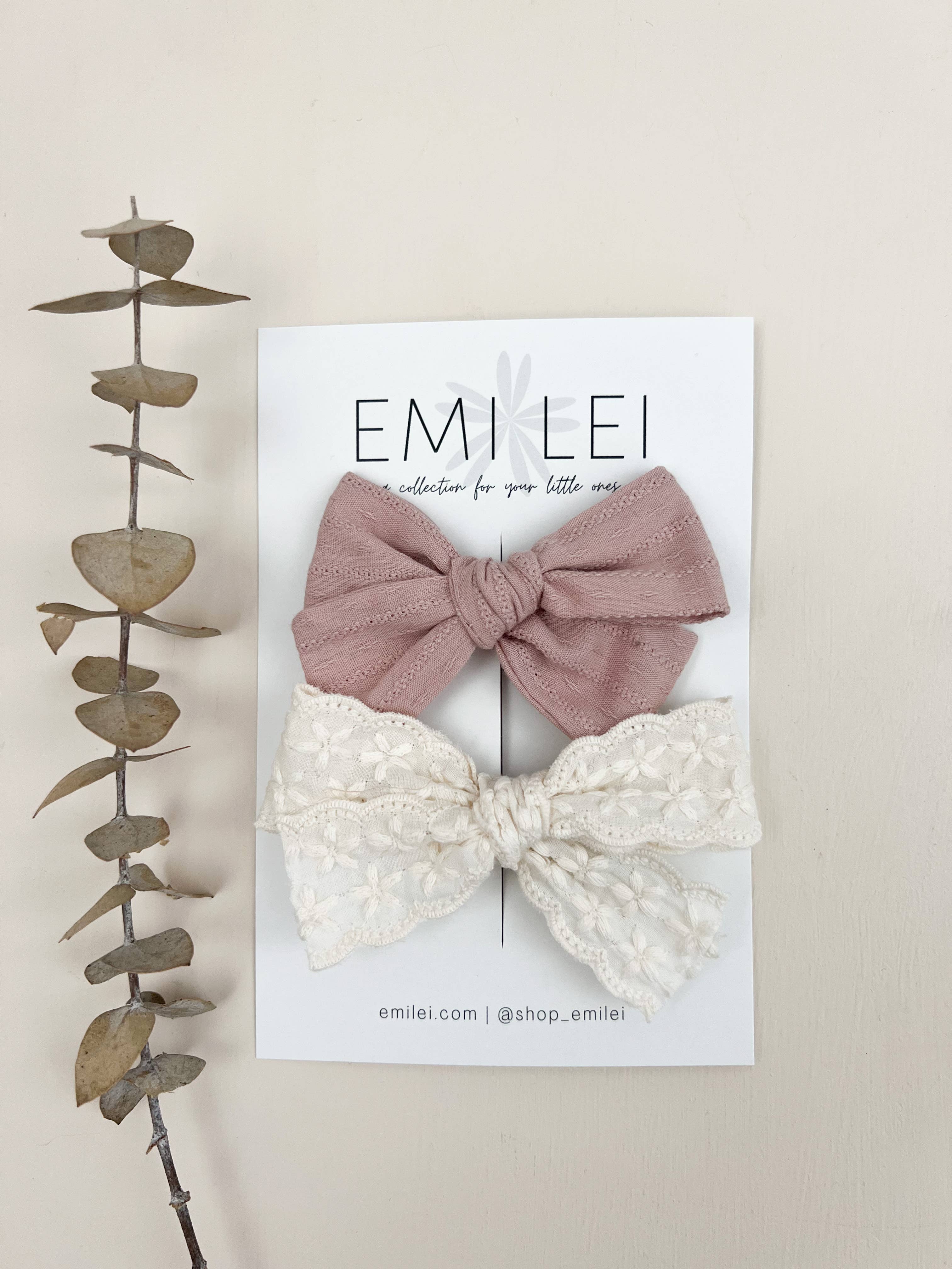 Alligator Clip Bow Set (2 Pack in Textured Mauve & Linen Lace)