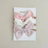 Set of 3 Bow Headbands & Clips (Pink Daisy & Stripe)