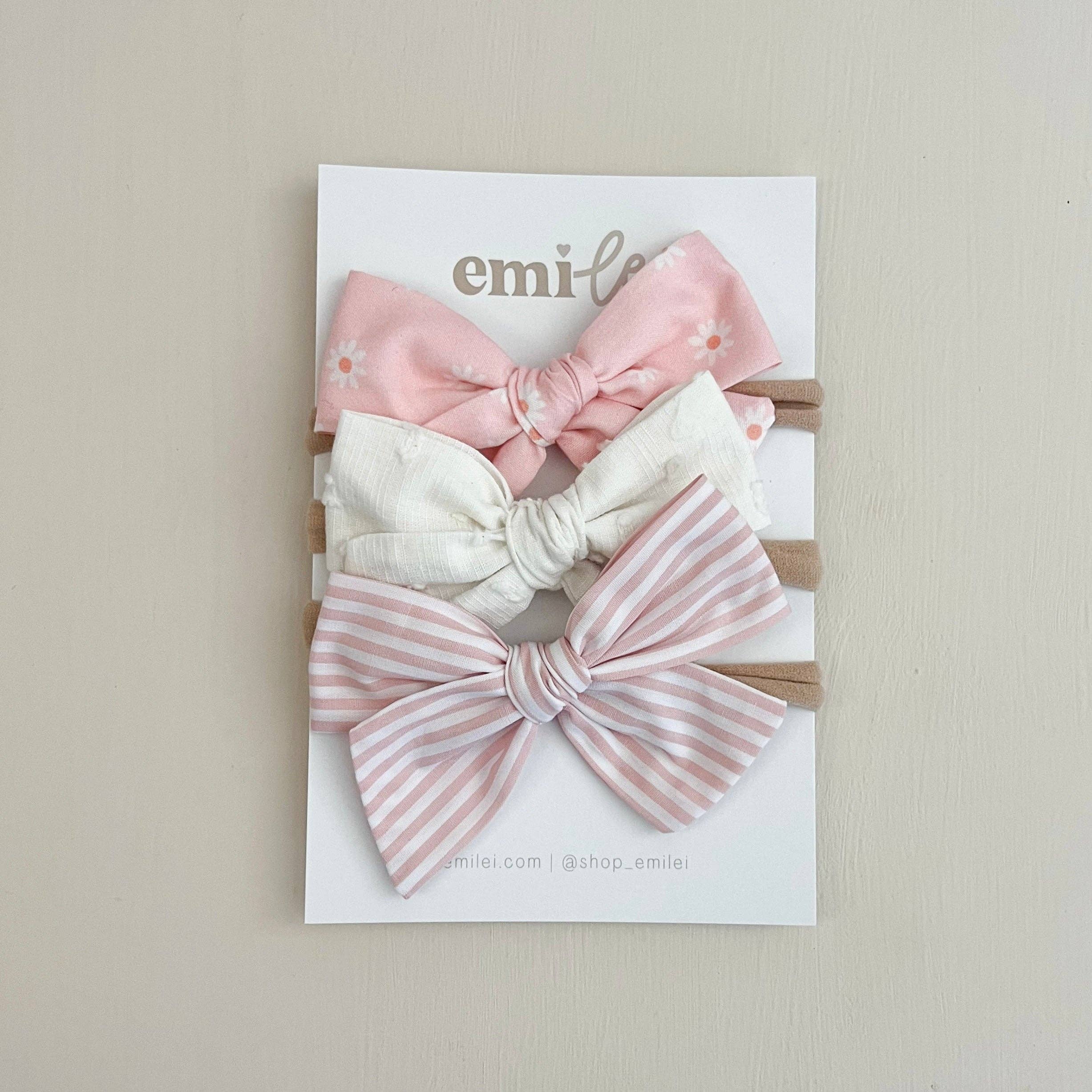 Set of 3 Bow Headbands & Clips (Pink Daisy & Stripe)