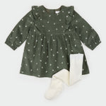Sweet Floral Corduroy Dress Set (Dark Green)