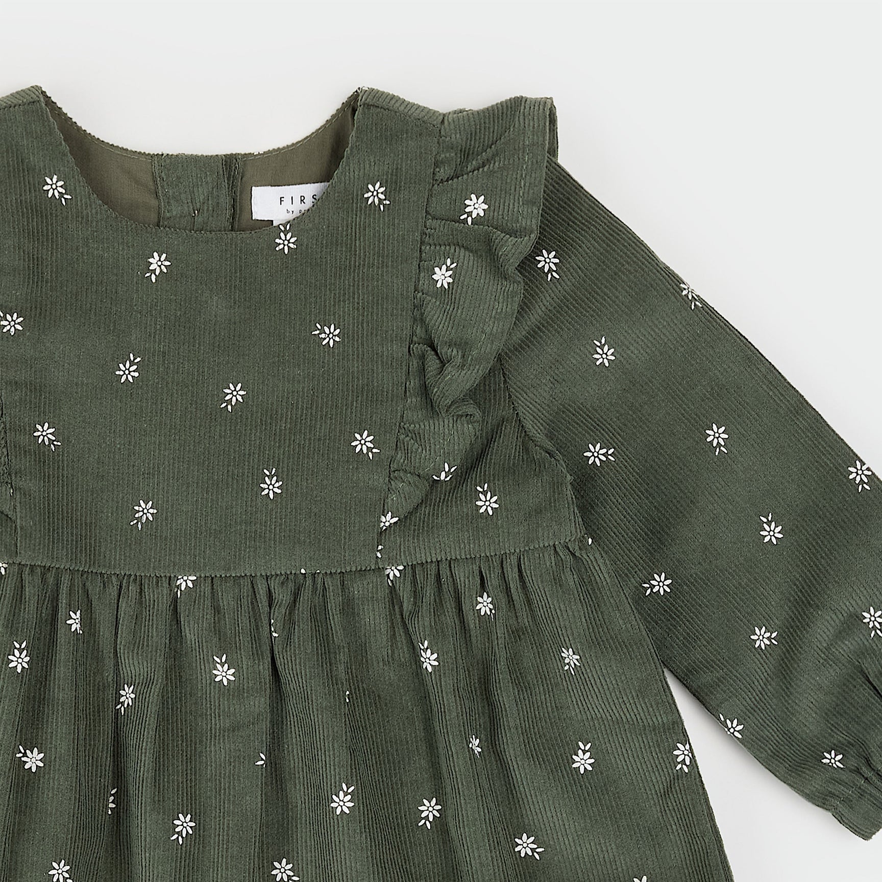 Sweet Floral Corduroy Dress Set (Dark Green)