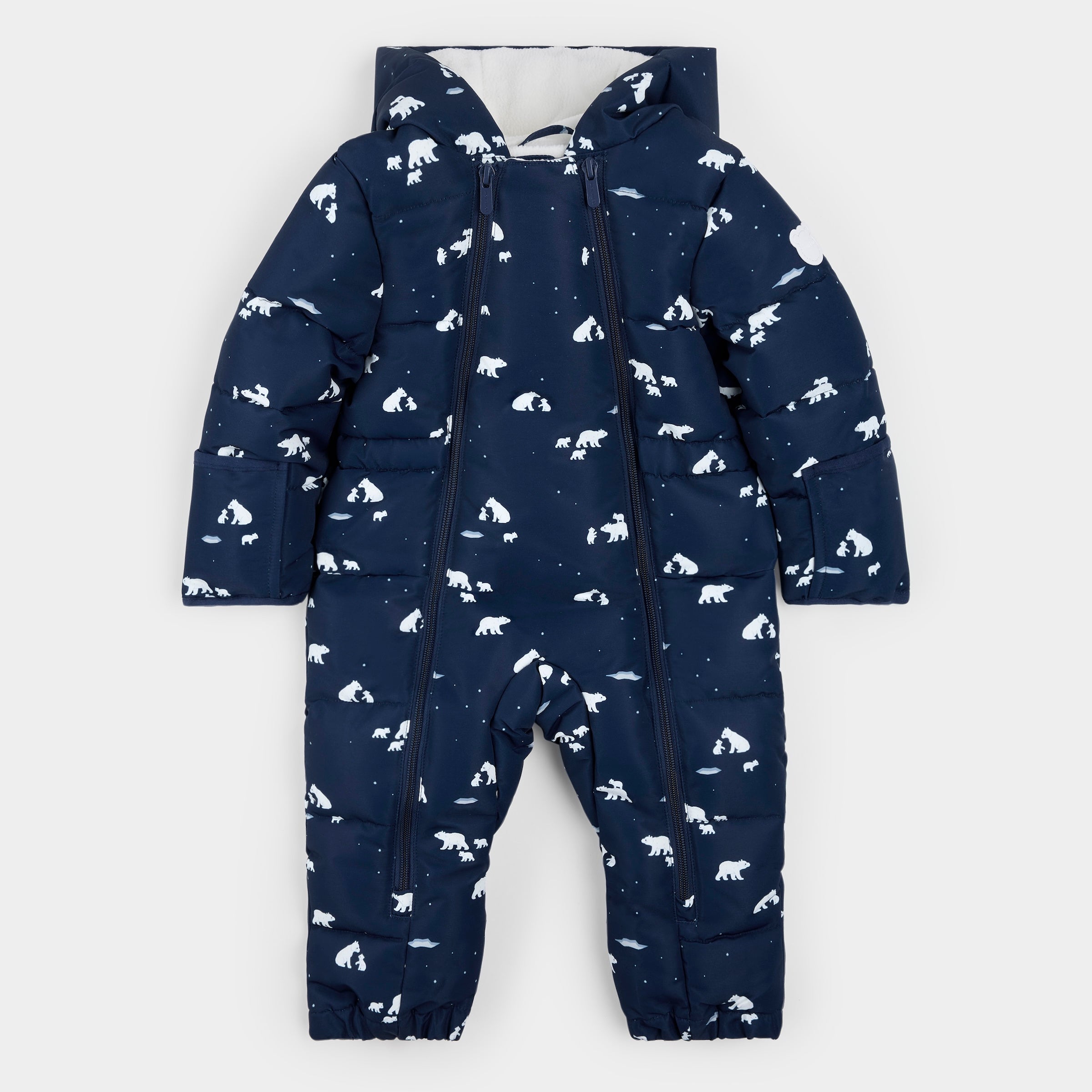 Polar Bear Print on Blueberry Hooded Footless Baby Snowsuit