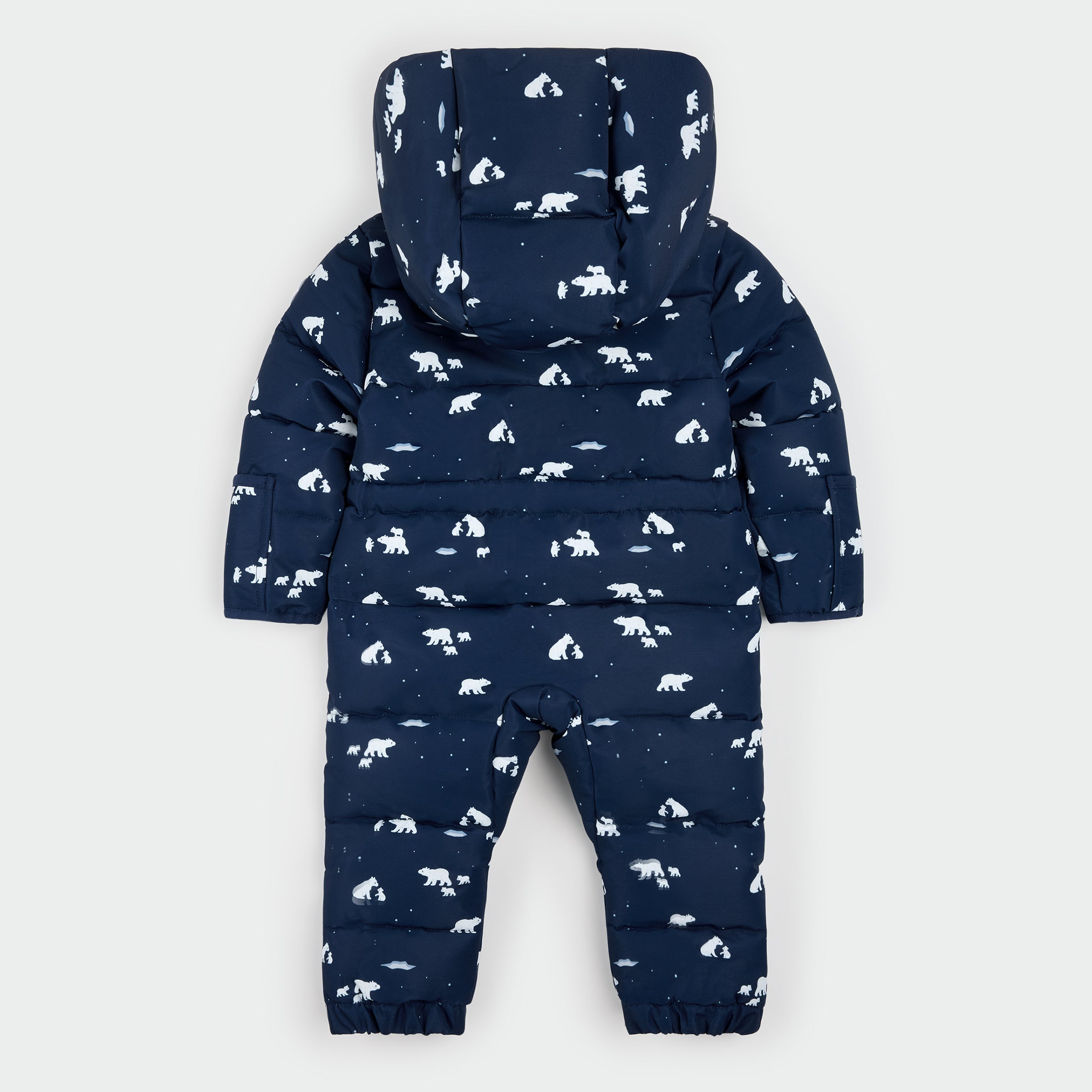 Polar Bear Print on Blueberry Hooded Footless Baby Snowsuit