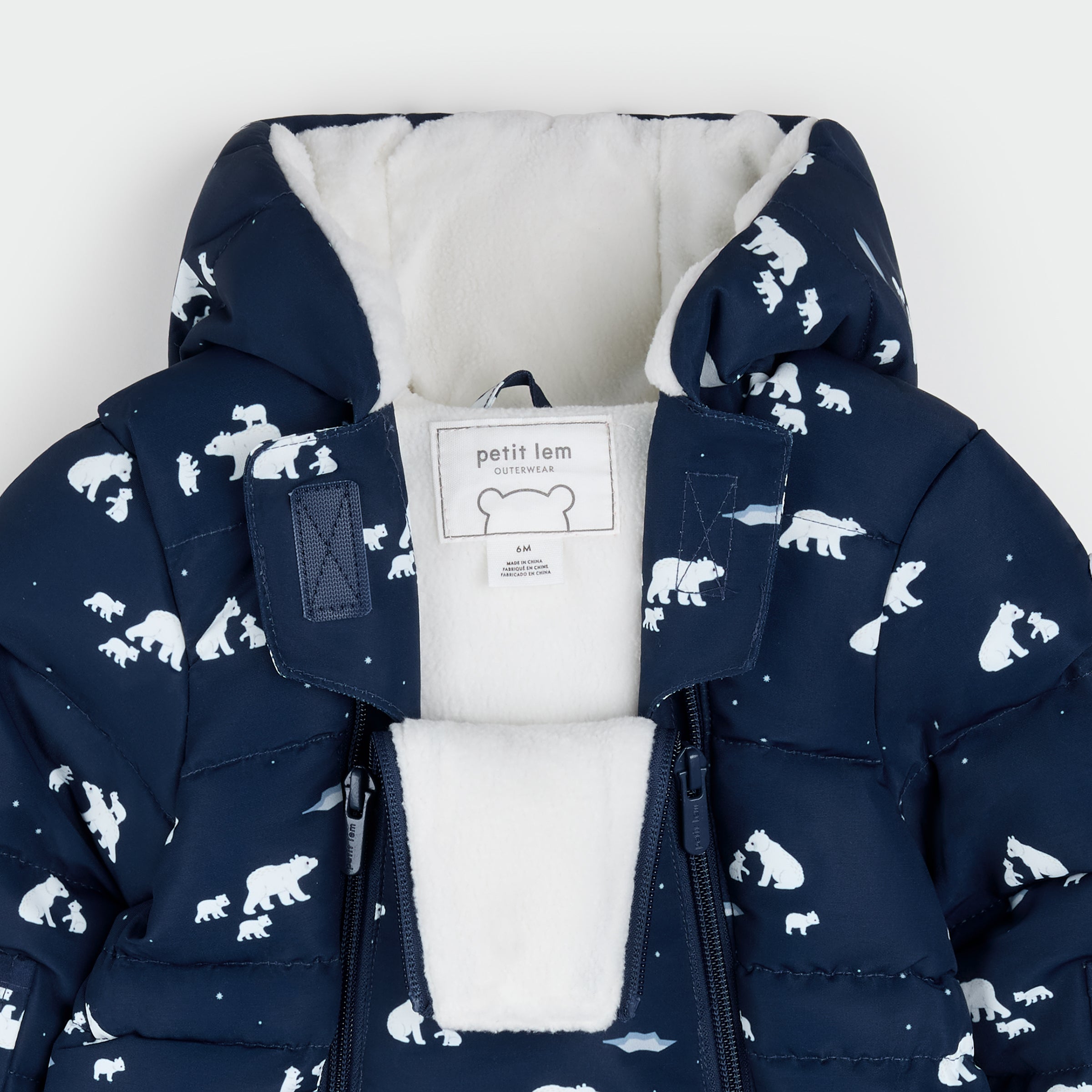 Polar Bear Print on Blueberry Hooded Footless Baby Snowsuit