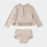 Taupe Stripe Seersucker Long-Sleeve Rashguard Set