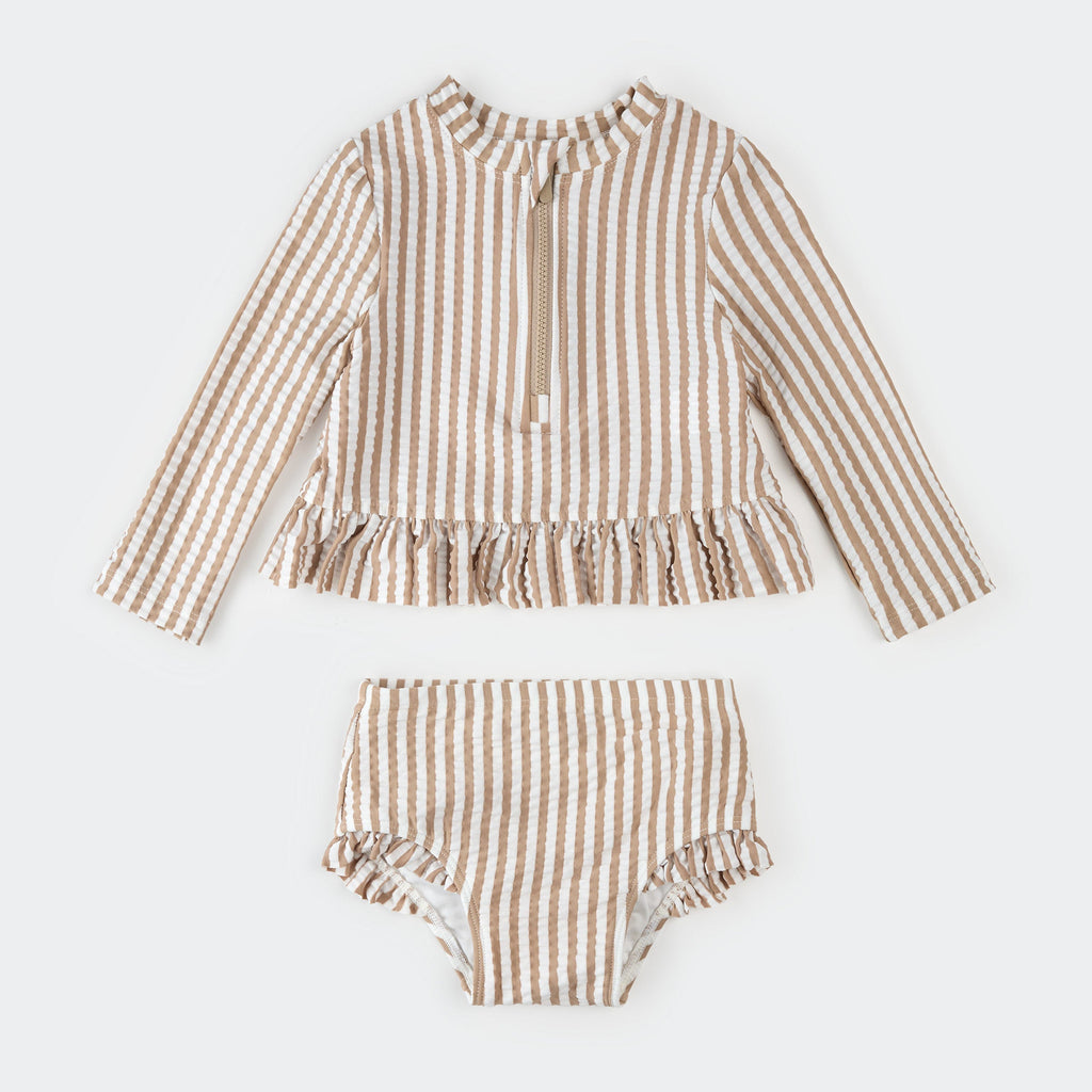 Taupe Stripe Seersucker Long-Sleeve Rashguard Set