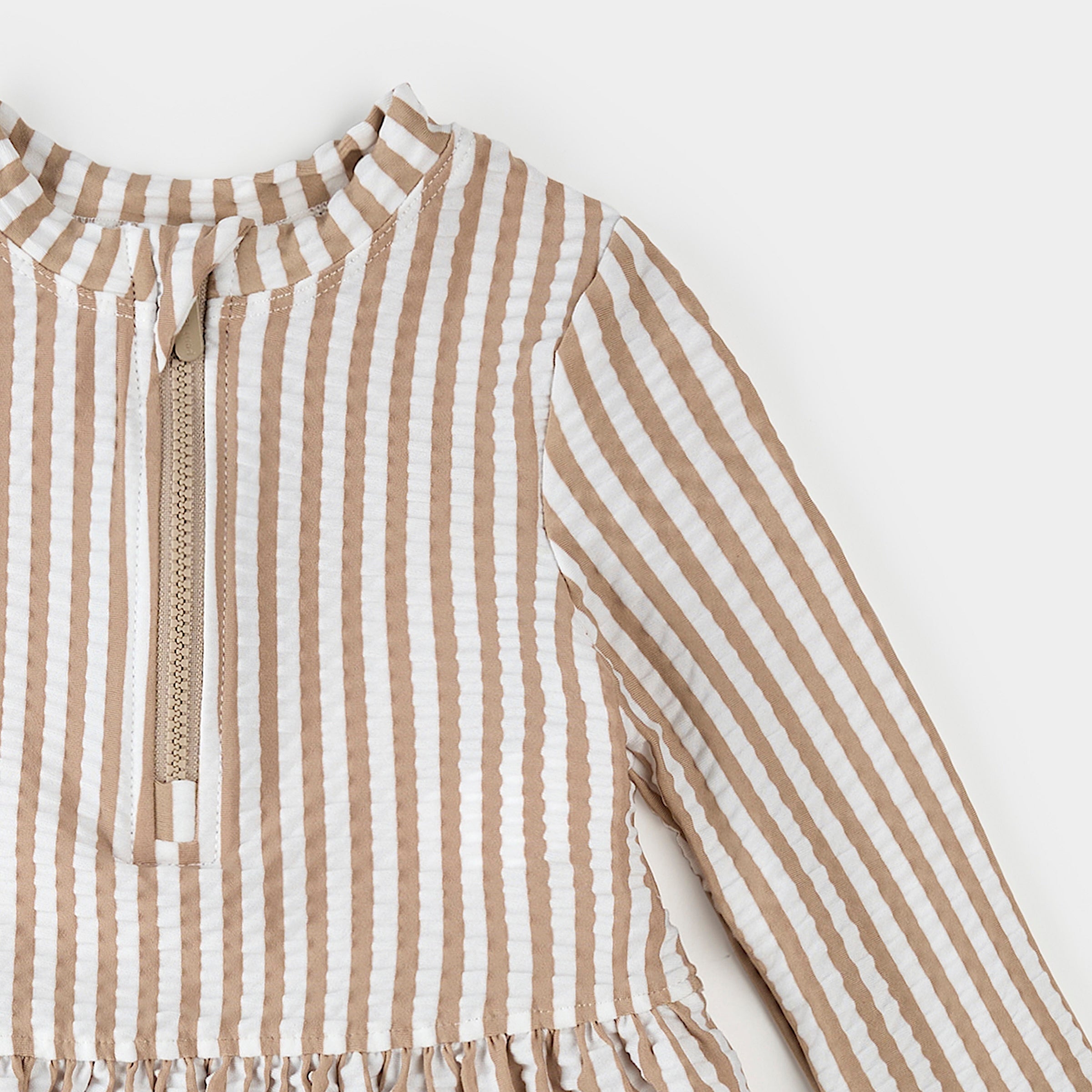 Taupe Stripe Seersucker Long-Sleeve Rashguard Set