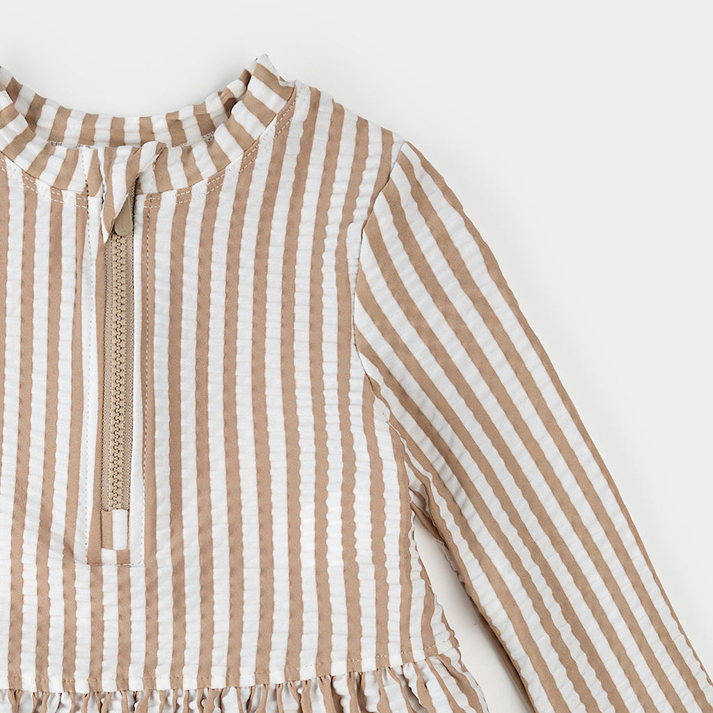 Taupe Stripe Seersucker Long-Sleeve Rashguard Set