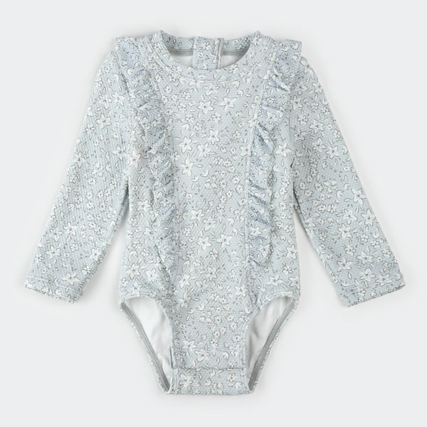 Vintage Flowers Long-Sleeve Baby Swimsuit (Light Blue)