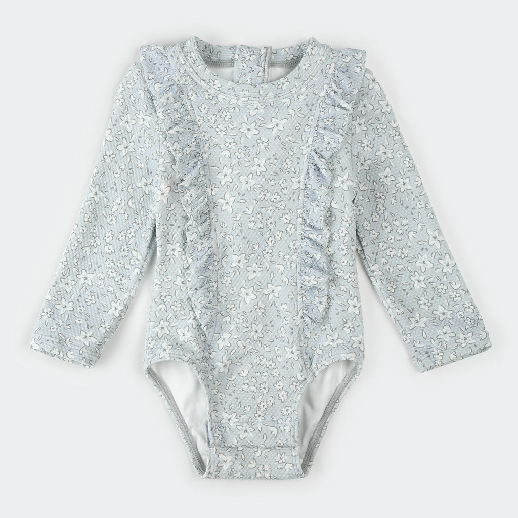 Vintage Flowers Long-Sleeve Child Swimsuit (Light Blue)