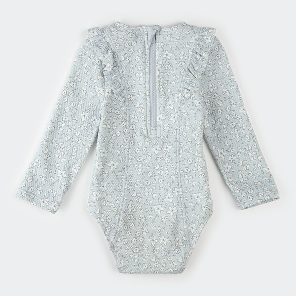 Vintage Flowers Long-Sleeve Baby Swimsuit (Light Blue)