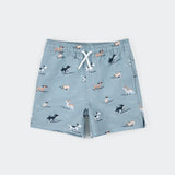 Surfing Pups Print on Blue Swim Trunks