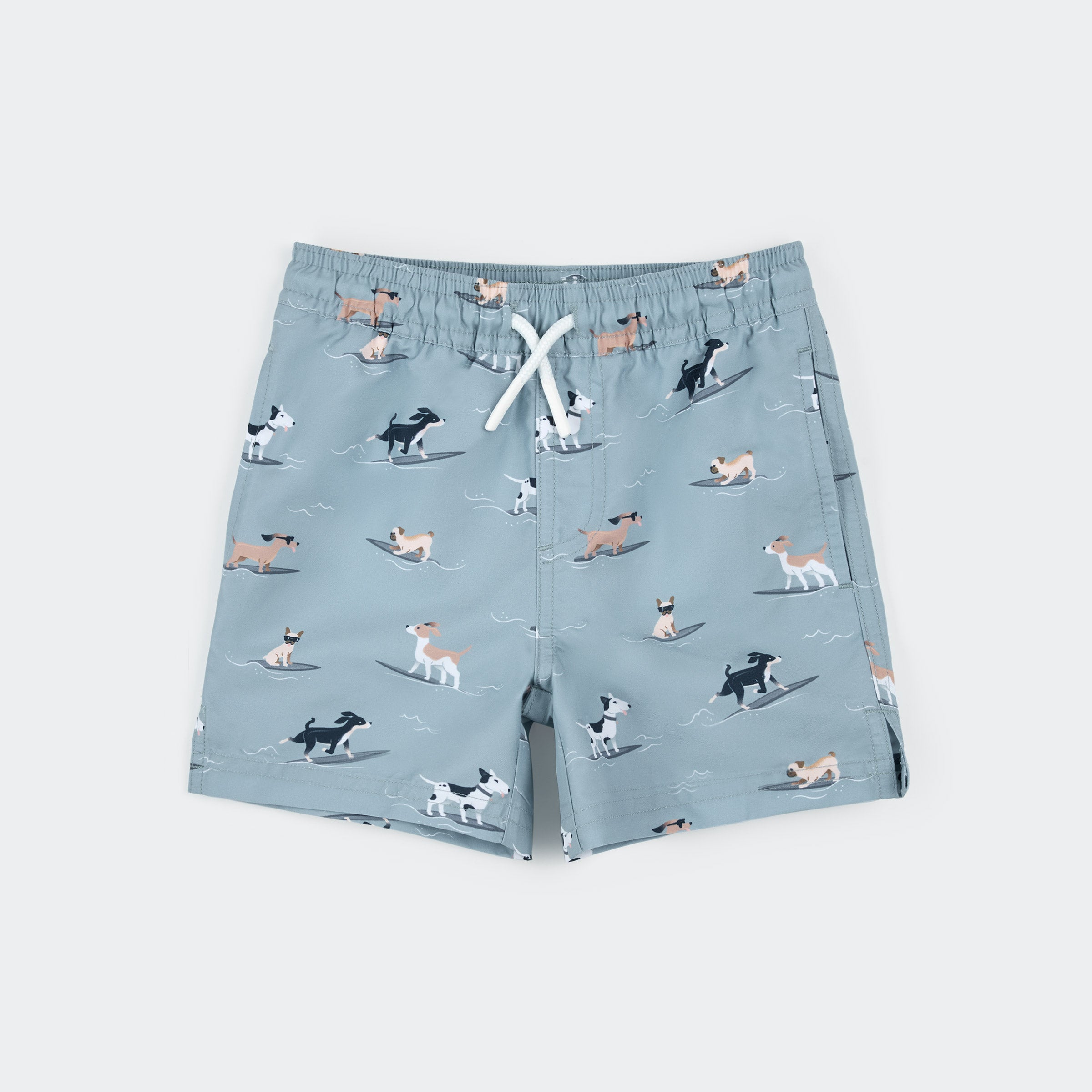 Surfing Pups Print on Blue Swim Trunks