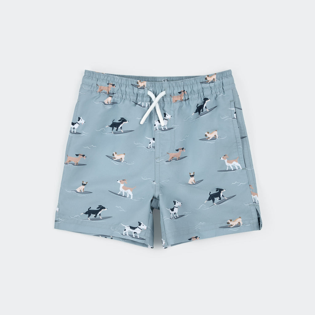 Surfing Pups Print on Blue Swim Trunks