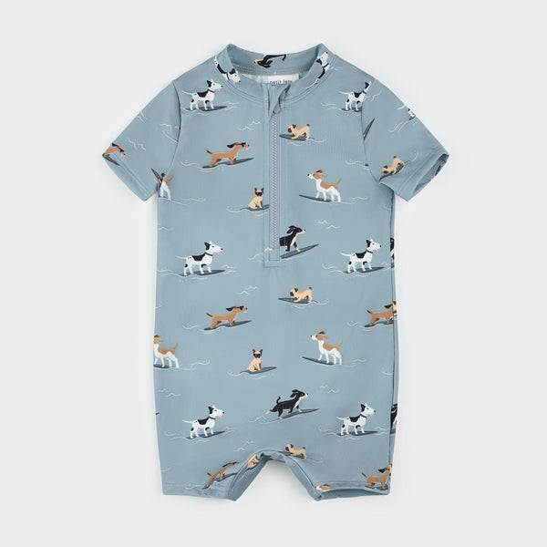 Surfing Pups Print on Blue Swim Romper