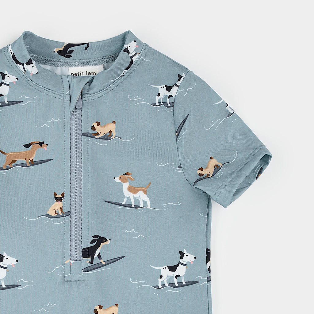 Surfing Pups Print on Blue Swim Romper