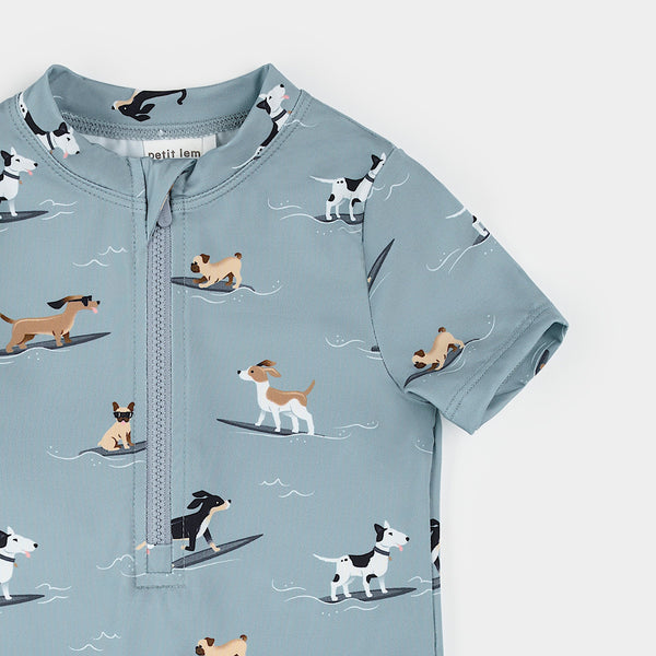 Surfing Pups Print on Blue Swim Romper