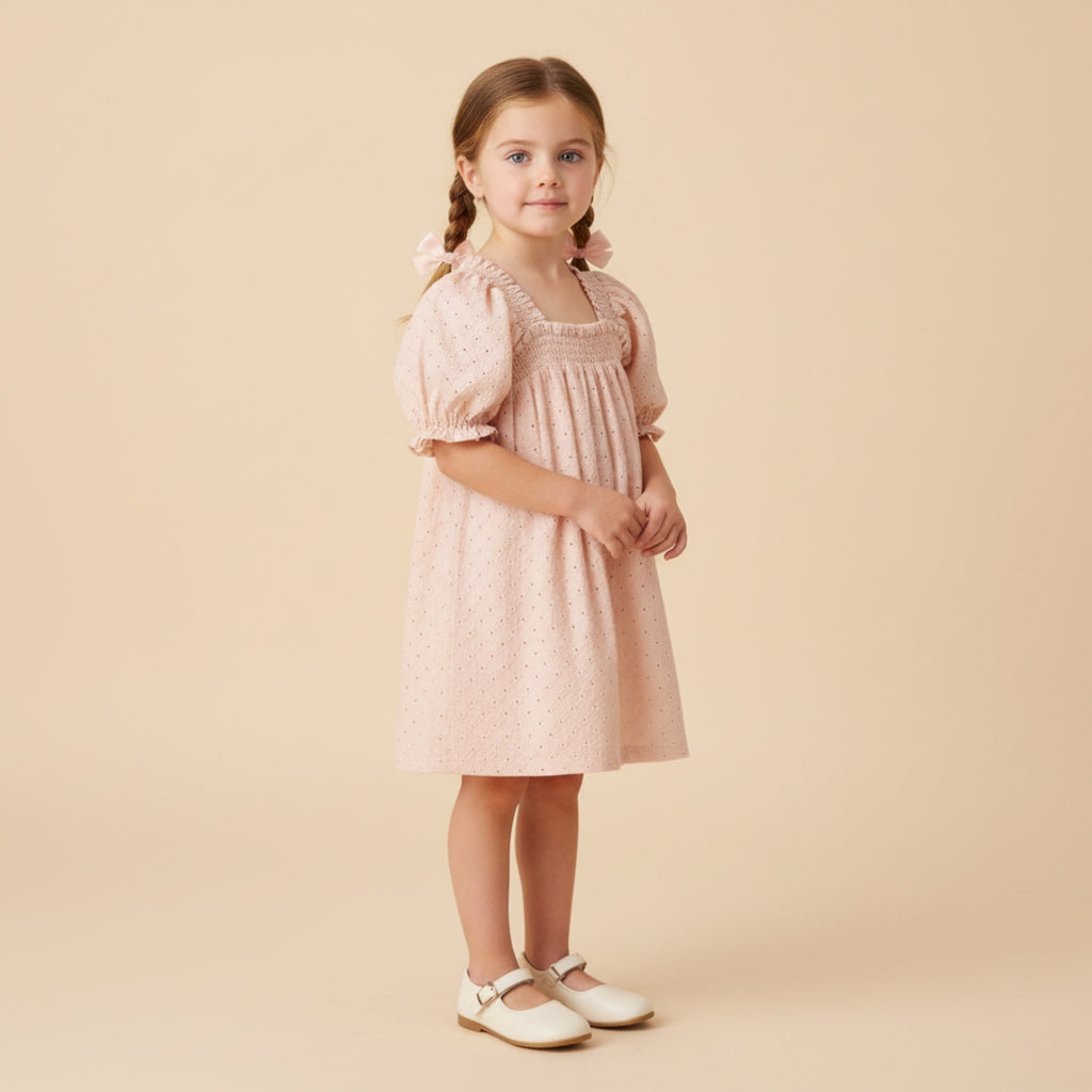 Organic Eyelet Bubble Sleeve Dress (Blush Eyelet)