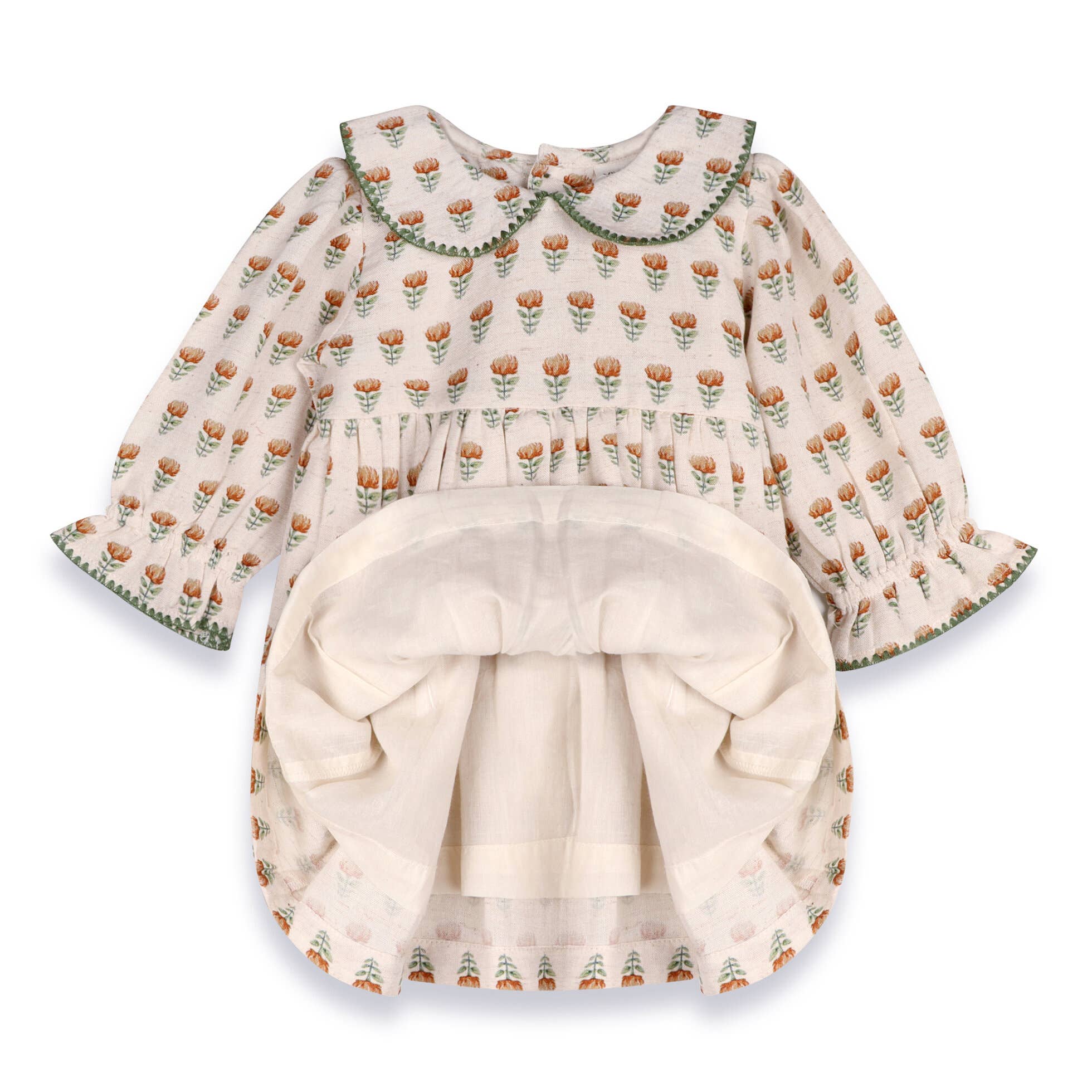 Ina Block Print Floral Linen Baby Dress & Bloomer Set (Mustard Floral)