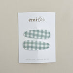 (#31) Fabric Hair Clip Snap Barrettes (2) - Mint Gingham