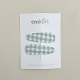 (#31) Fabric Hair Clip Snap Barrettes (2) - Mint Gingham
