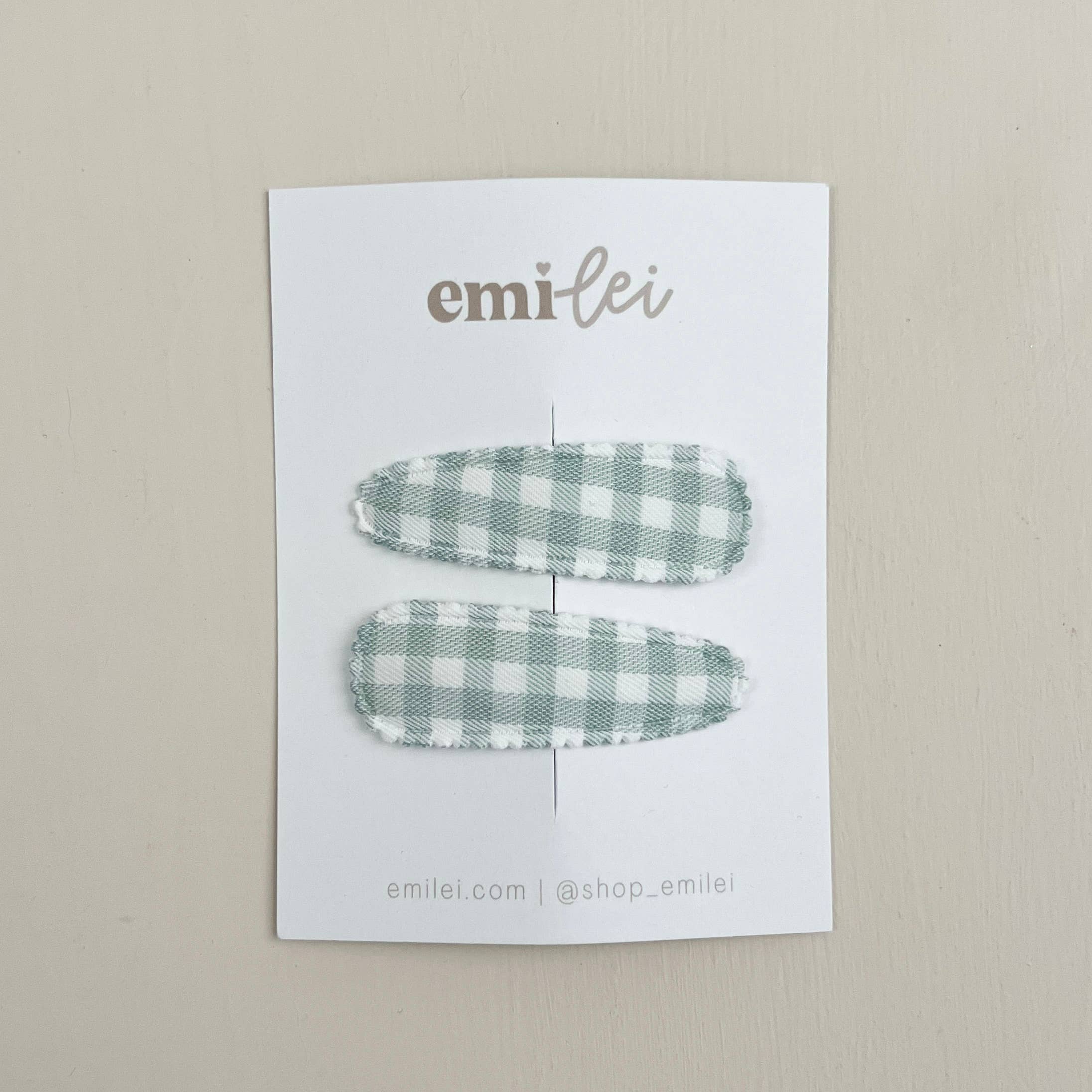 (#31) Fabric Hair Clip Snap Barrettes (2) - Mint Gingham