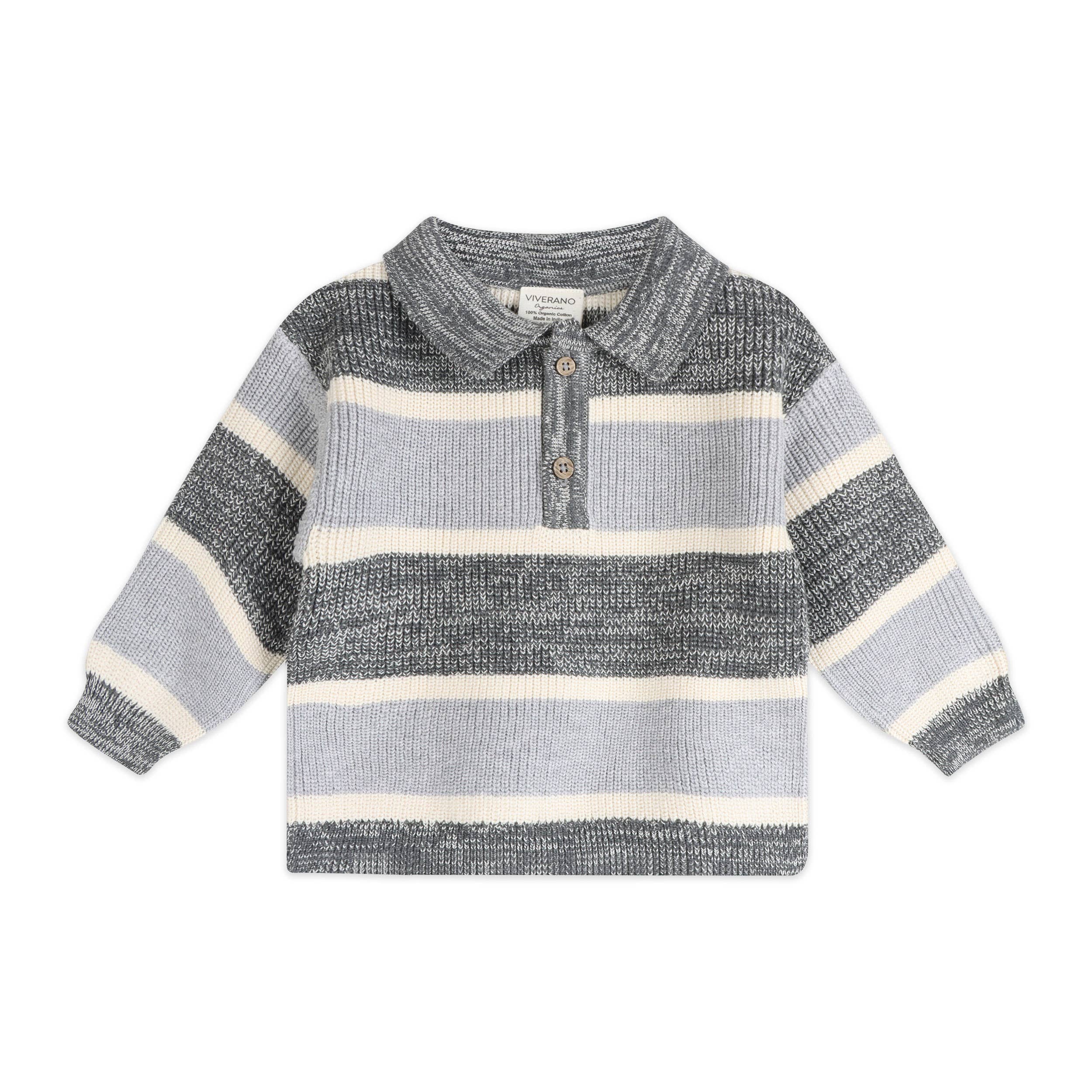 Rugby Stripe Polo Knit Baby Pullover & Pants Set (Charcoal)
