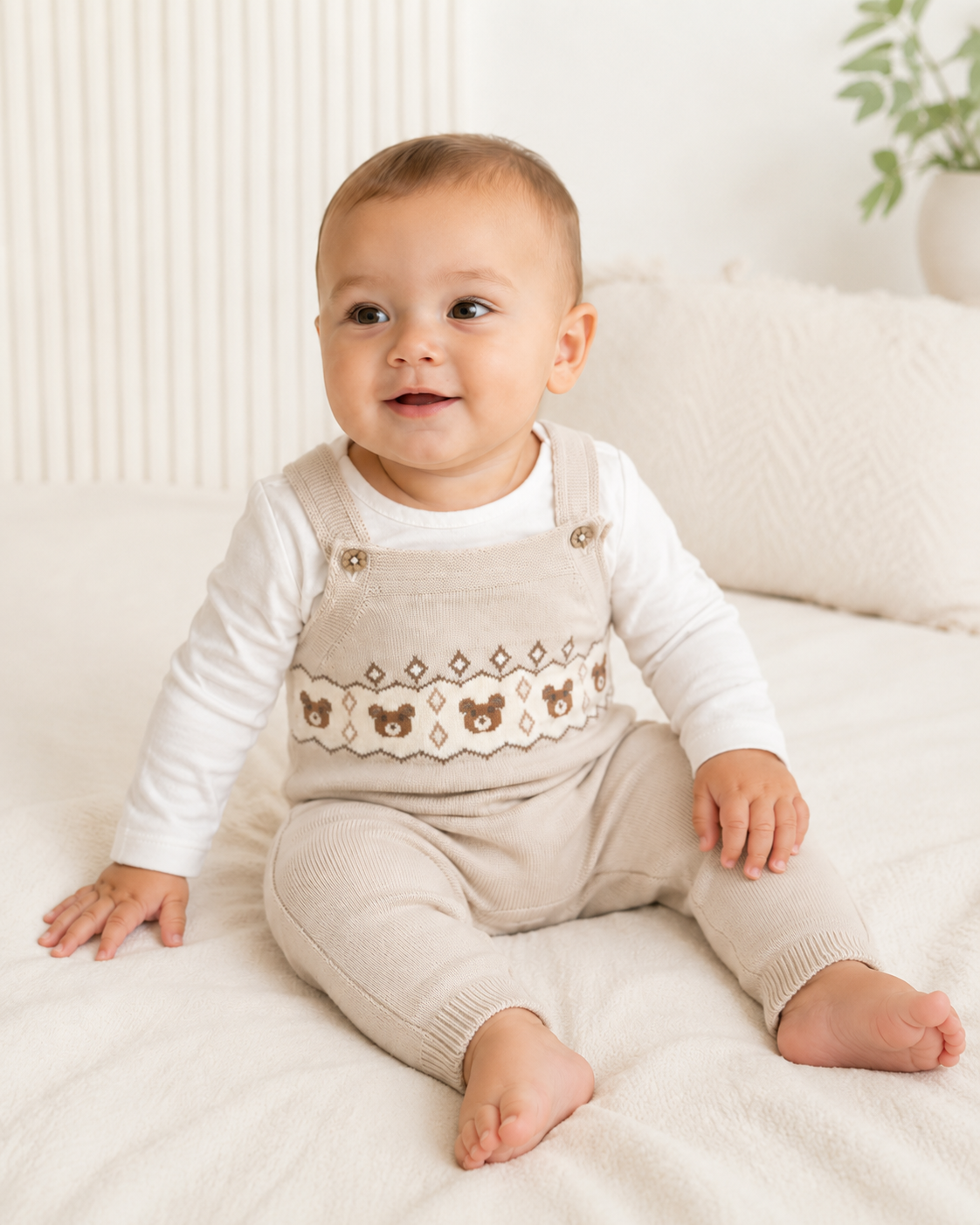 Bear Fair Isle Knit Baby Overall Set (Stone)